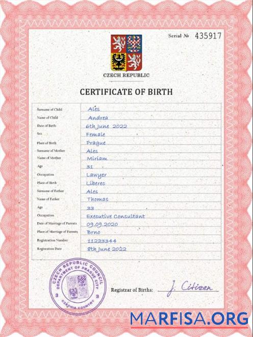 Realistic Czechia vital record birth certificate PSD template